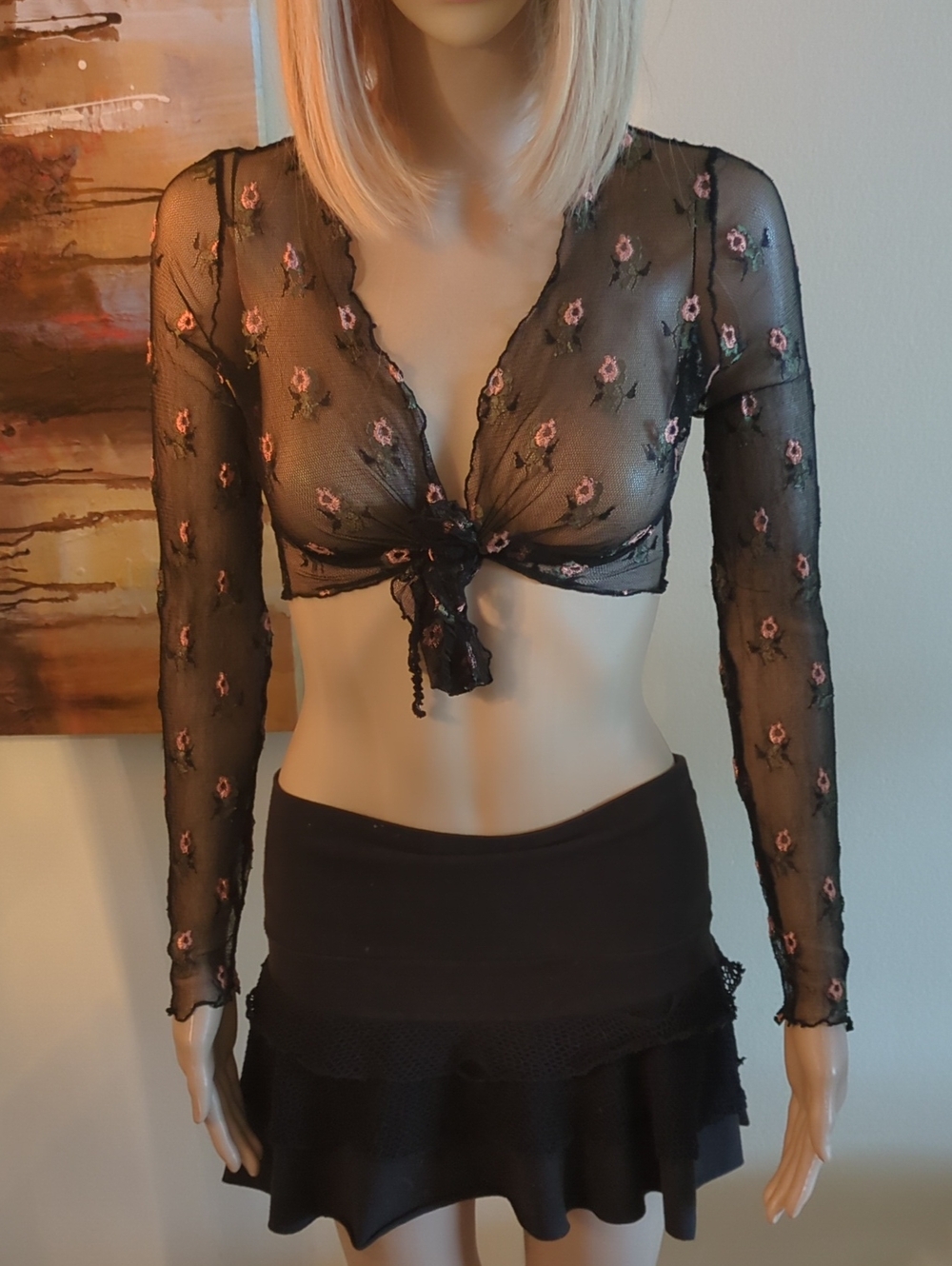 Sheer Black Floral Tie-Front Crop Top - Black, Size 6.